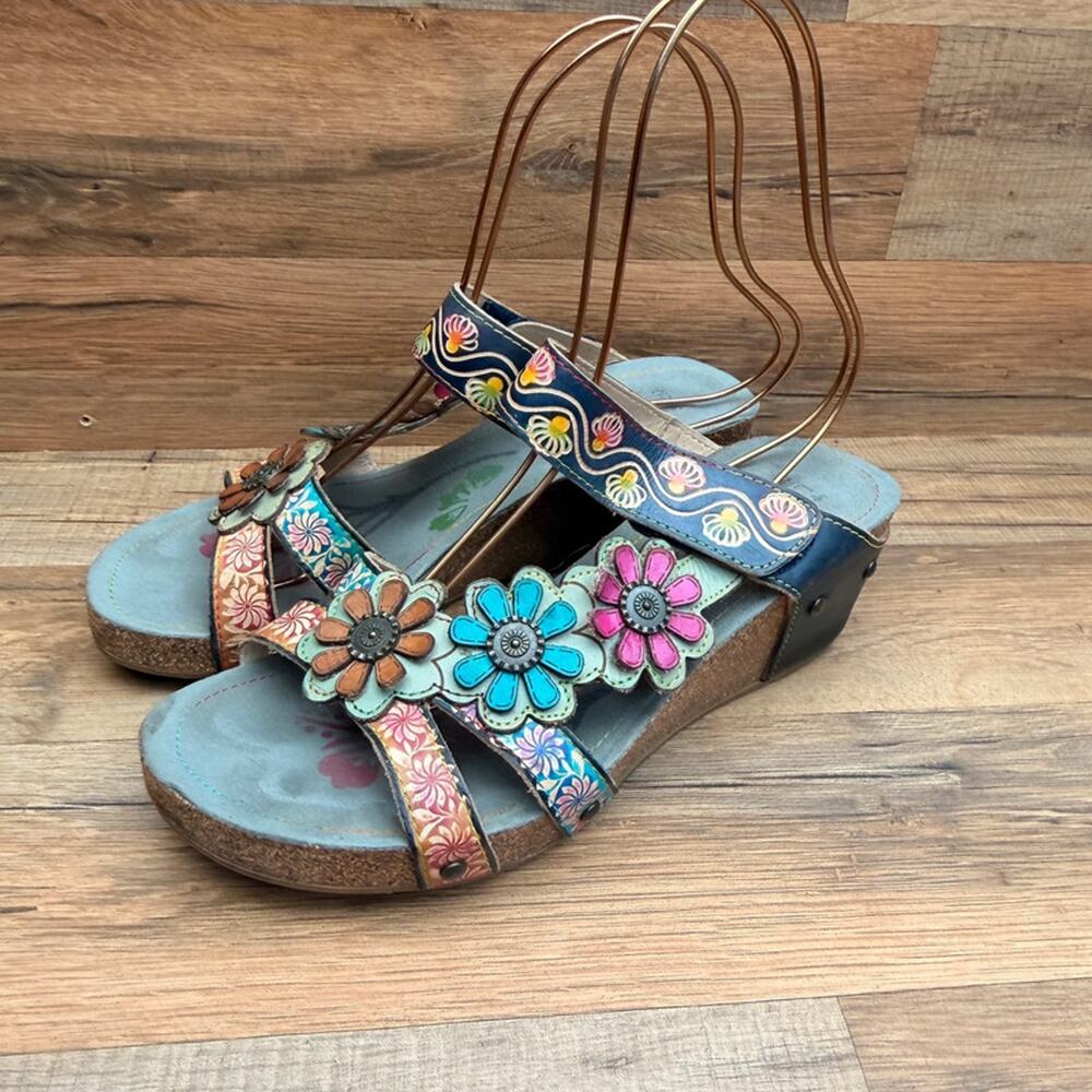 Spring Step L' Artiste Women's 9 Eu40 Floral Leather Cork Wedge Sandals